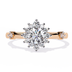Gold Round Diamond Floral Halo Ring with Accented Shoulders