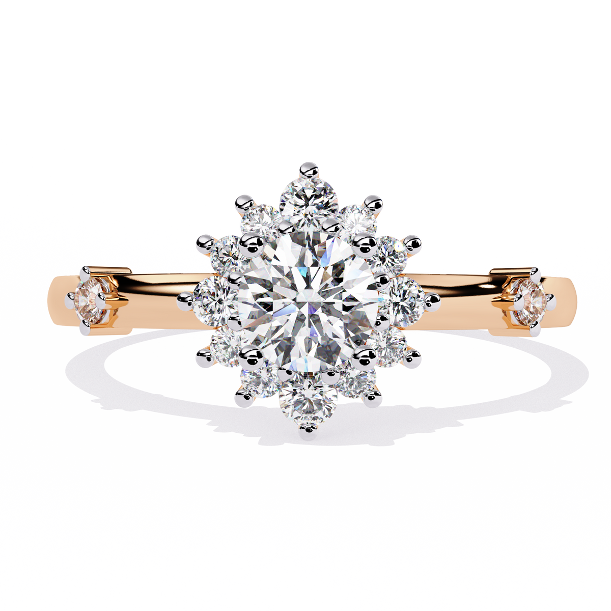 Gold Round Diamond Floral Halo Ring with Accented Shoulders