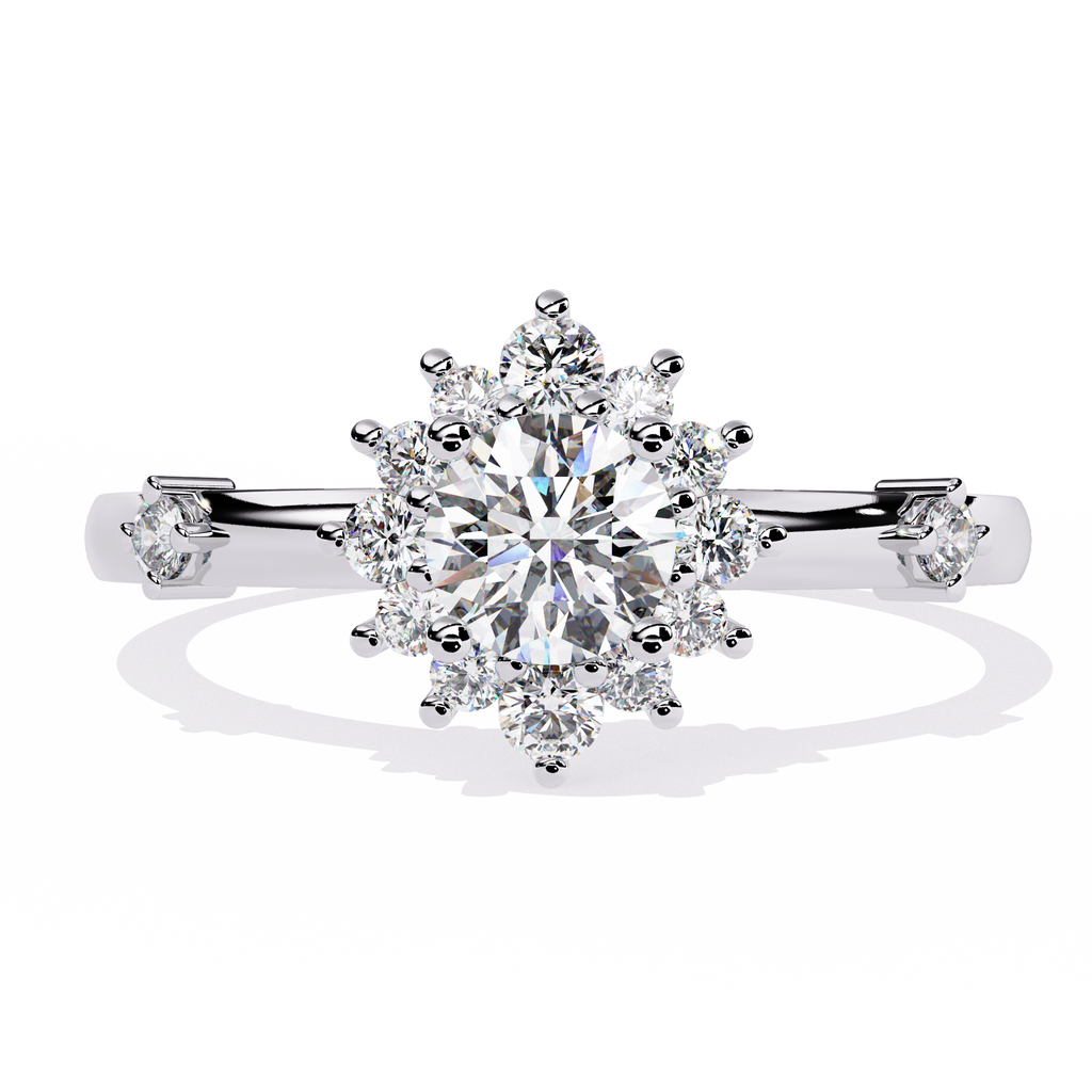 White Gold Round Diamond Sunburst Halo Ring