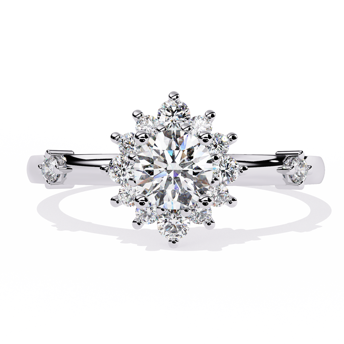 White Gold Round Diamond Sunburst Halo Ring