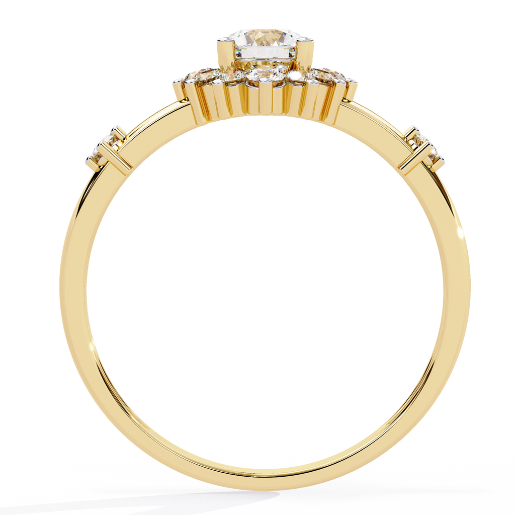 Gold Round Diamond Floral Halo Ring with Accented Shoulders