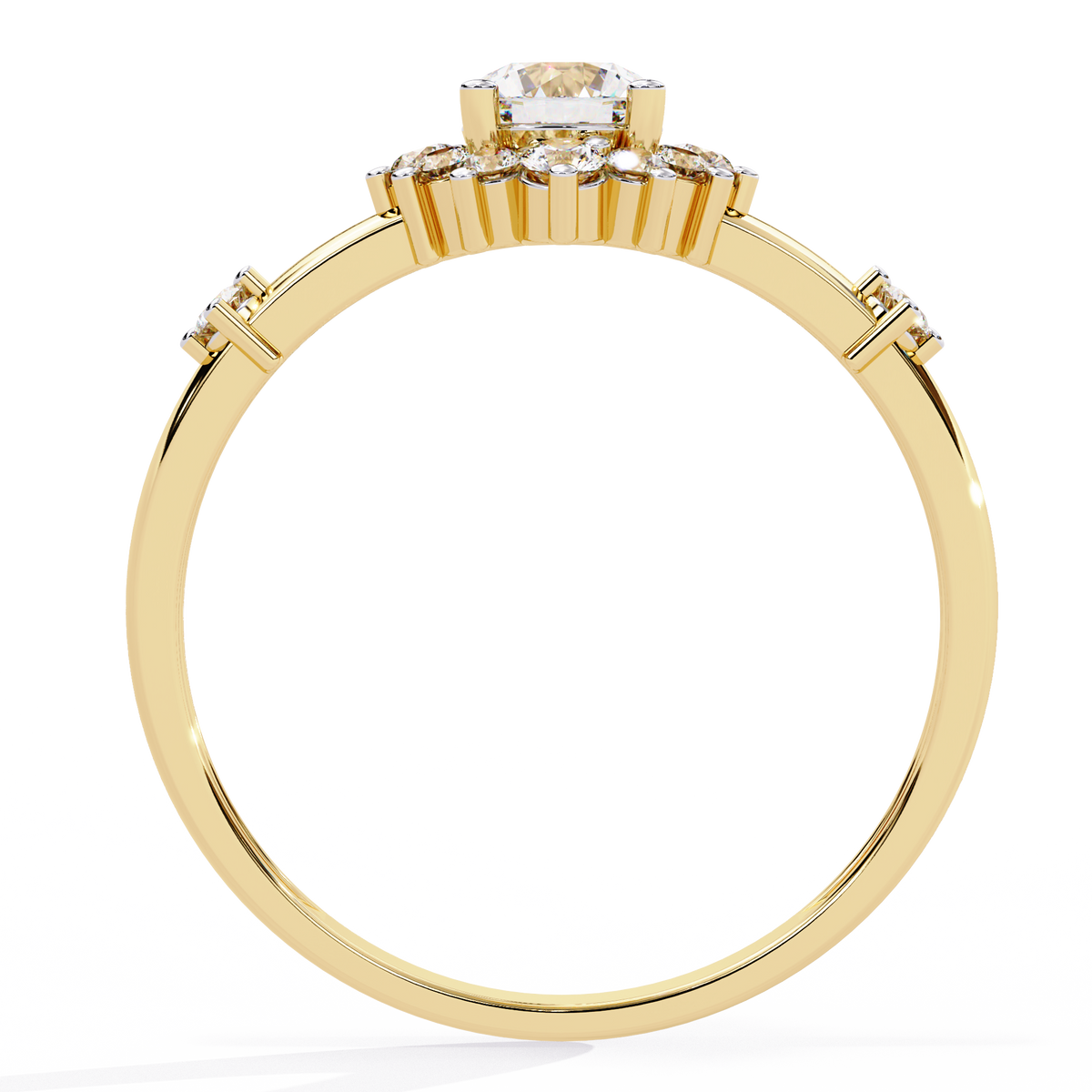 Gold Round Diamond Floral Halo Ring with Accented Shoulders
