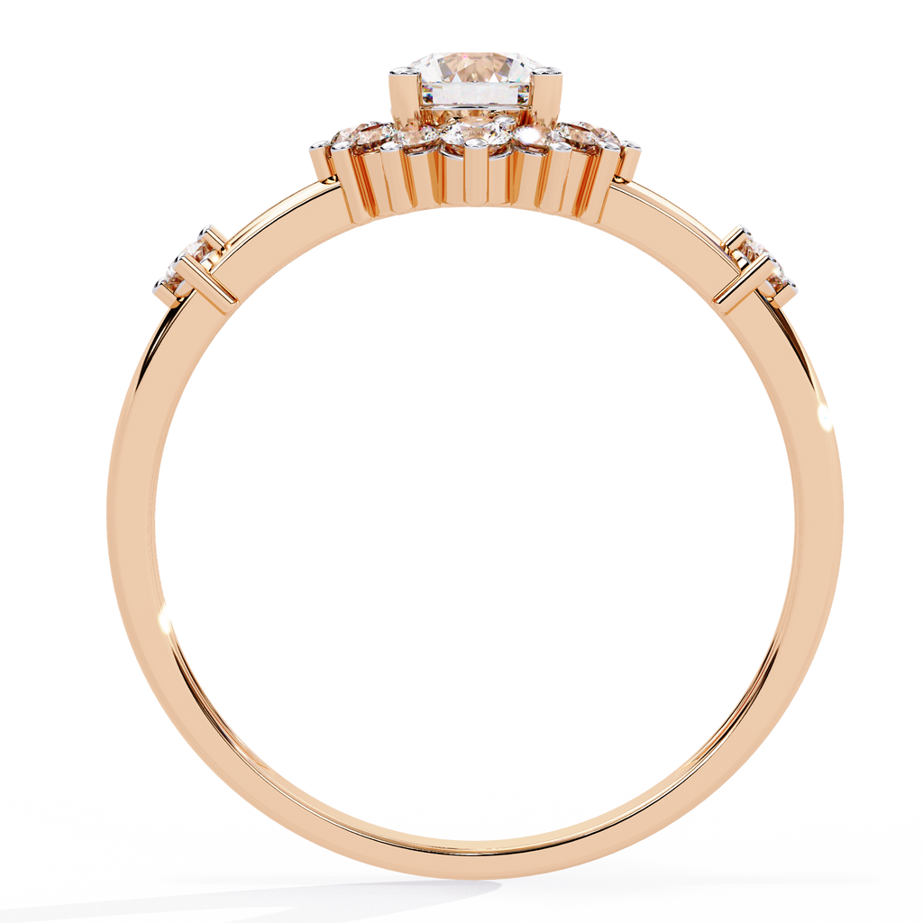 Gold Round Diamond Floral Halo Ring with Accented Shoulders