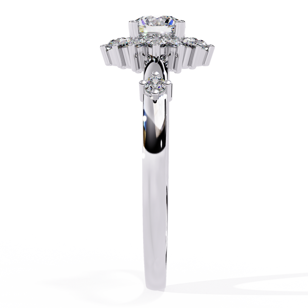 White Gold Round Diamond Sunburst Halo Ring