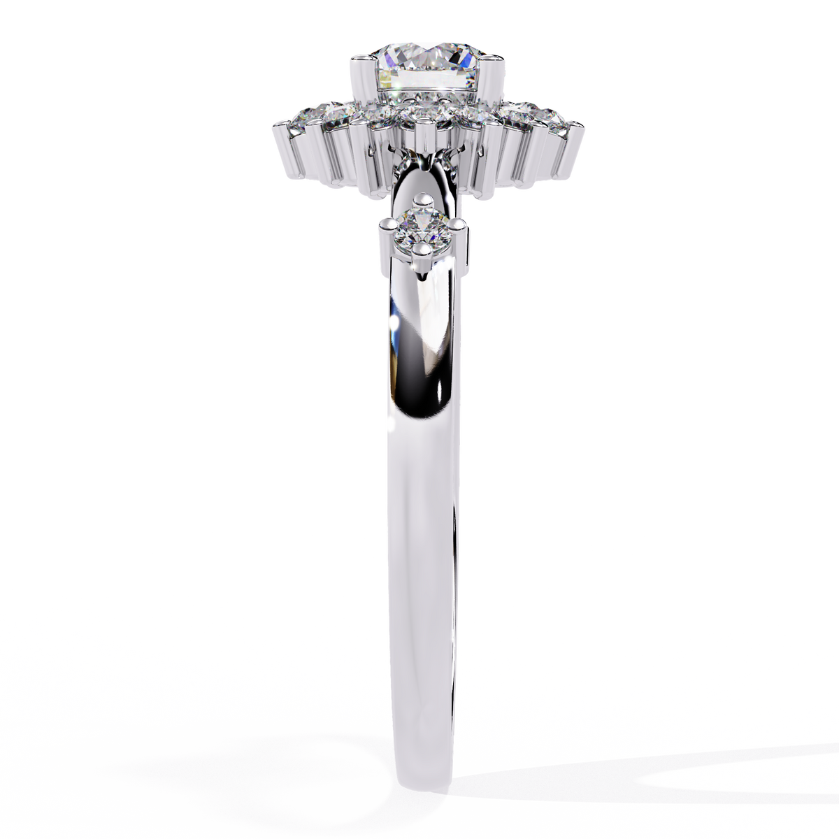 White Gold Round Diamond Sunburst Halo Ring
