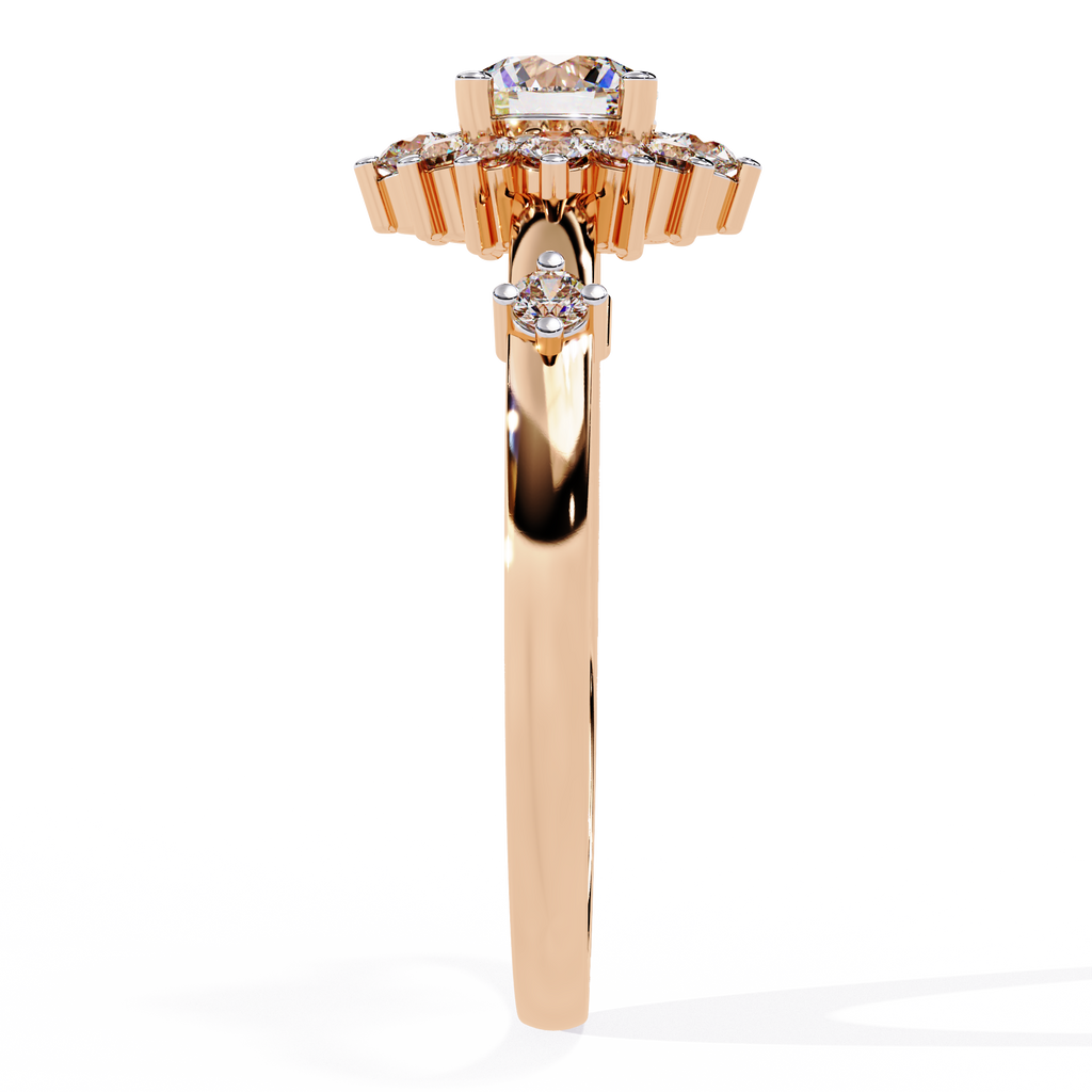 Gold Round Diamond Floral Halo Ring with Accented Shoulders