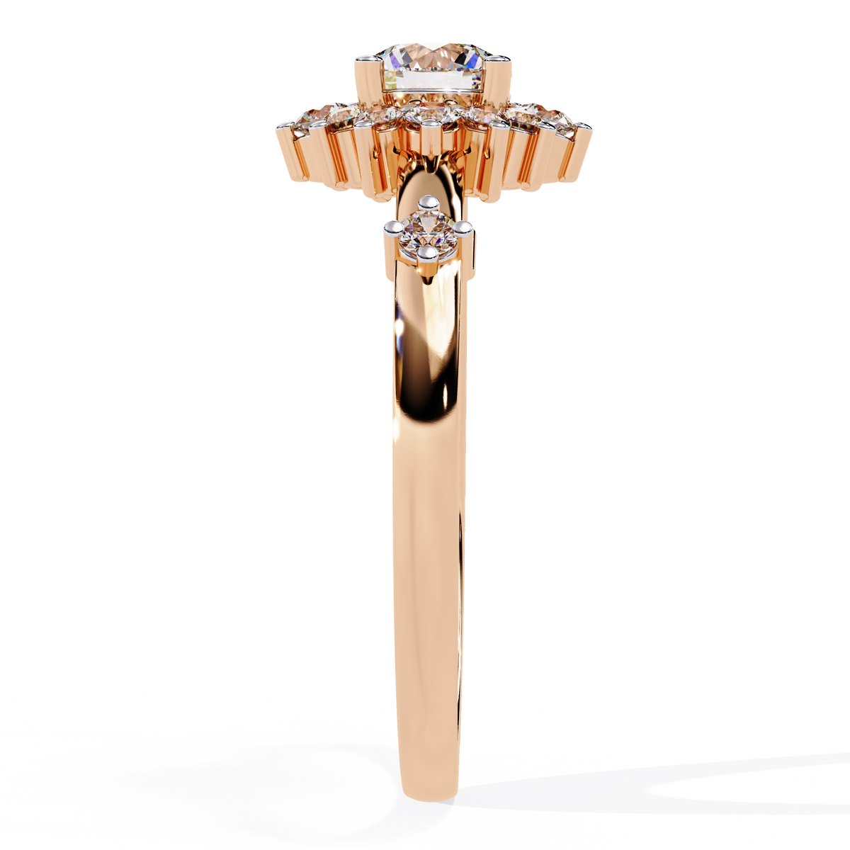 Gold Round Diamond Floral Halo Ring with Accented Shoulders