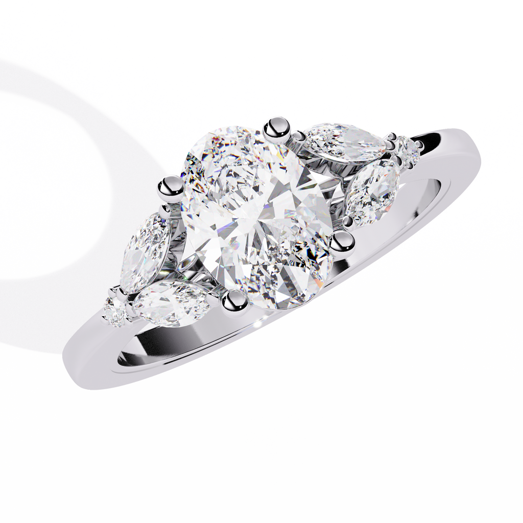 White Gold Oval Diamond Marquise Cluster Shoulder Ring