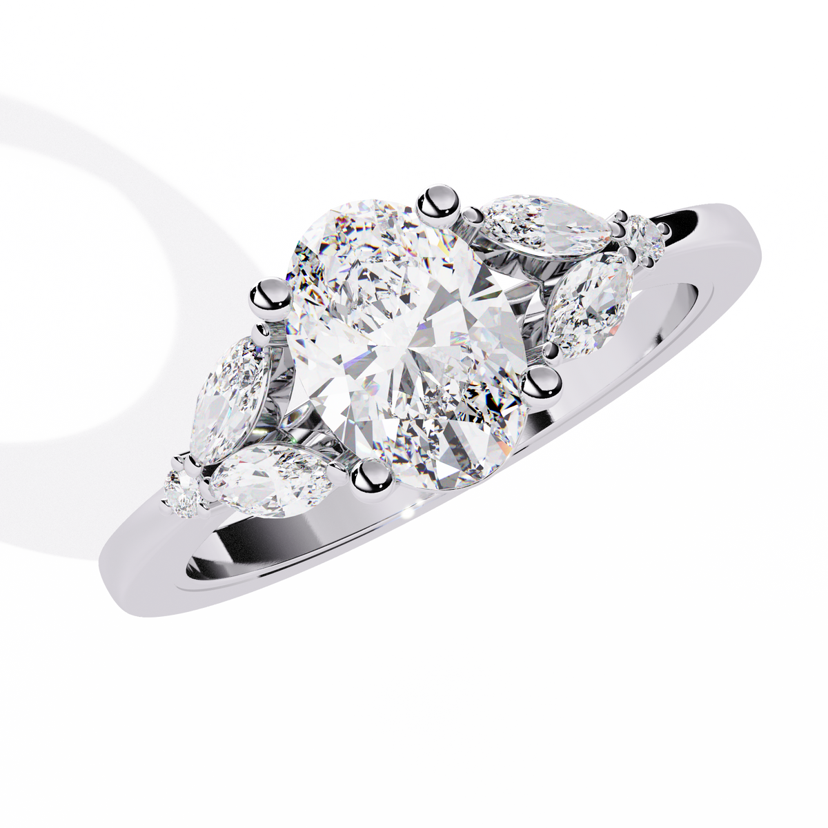 White Gold Oval Diamond Marquise Cluster Shoulder Ring