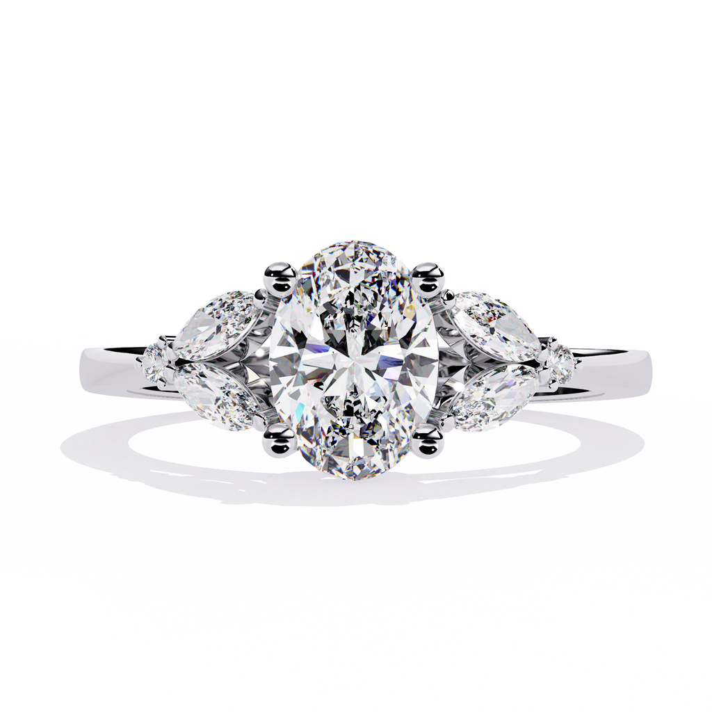 White Gold Oval Diamond Marquise Cluster Shoulder Ring