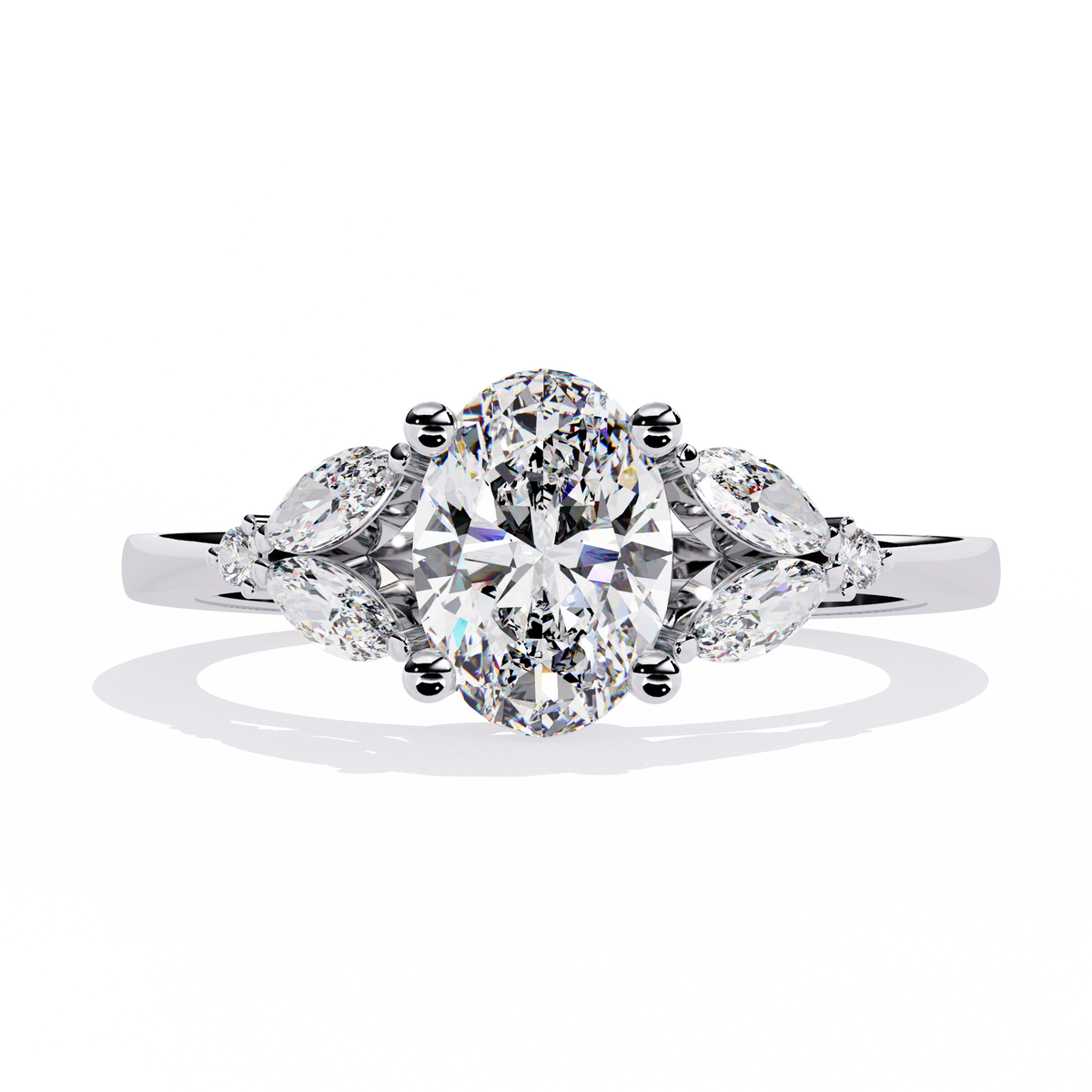 White Gold Oval Diamond Marquise Cluster Shoulder Ring
