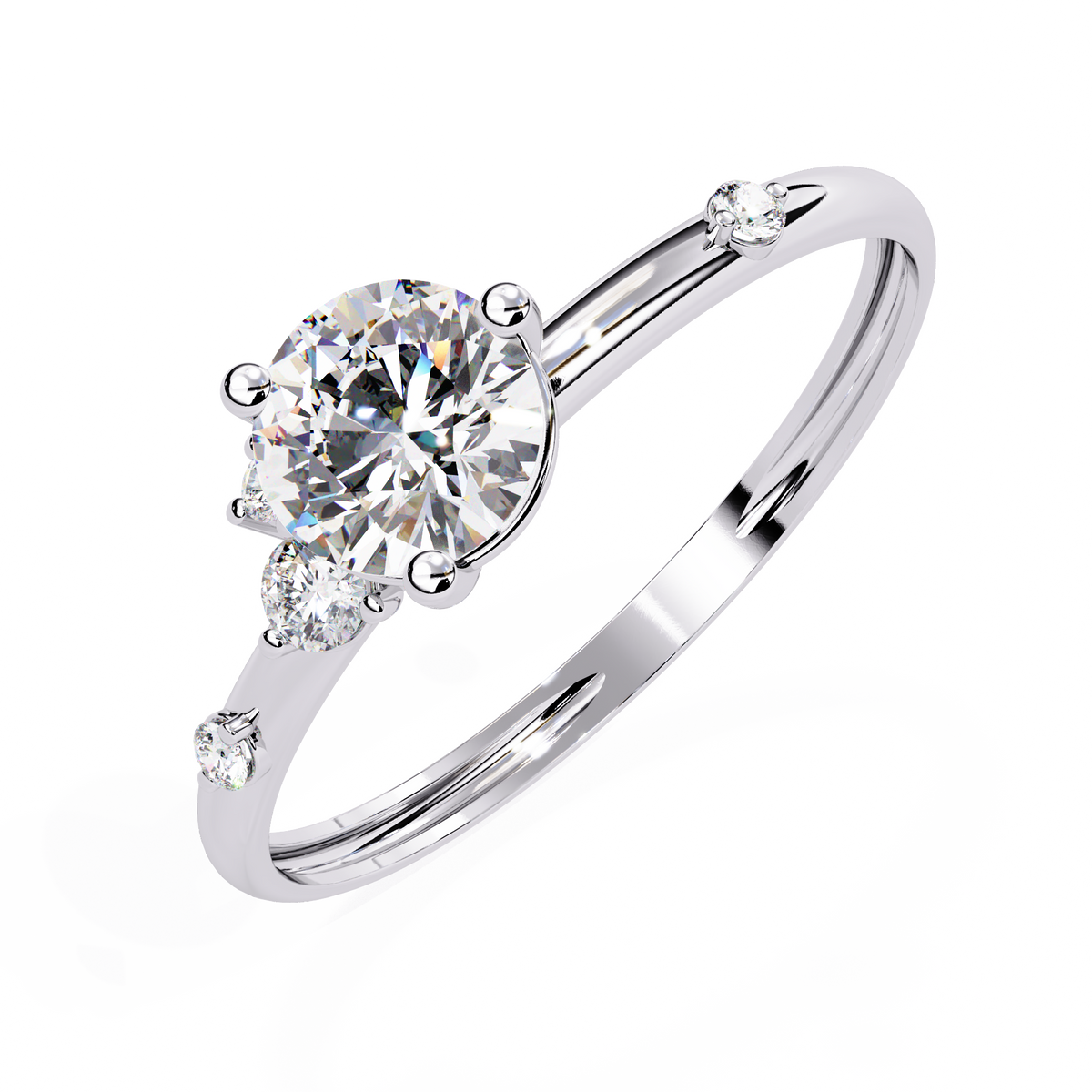 White Gold Round Solitaire Scattered Accent Ring