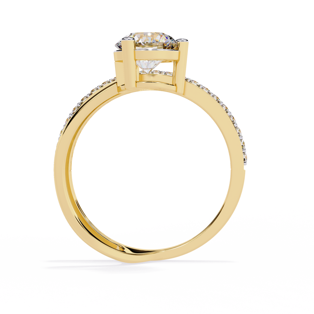 Gold Round Diamond Solitaire Ring with Open Crossover Split Band