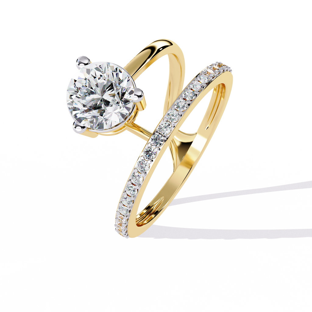 Gold Round Diamond Solitaire Ring with Open Crossover Split Band