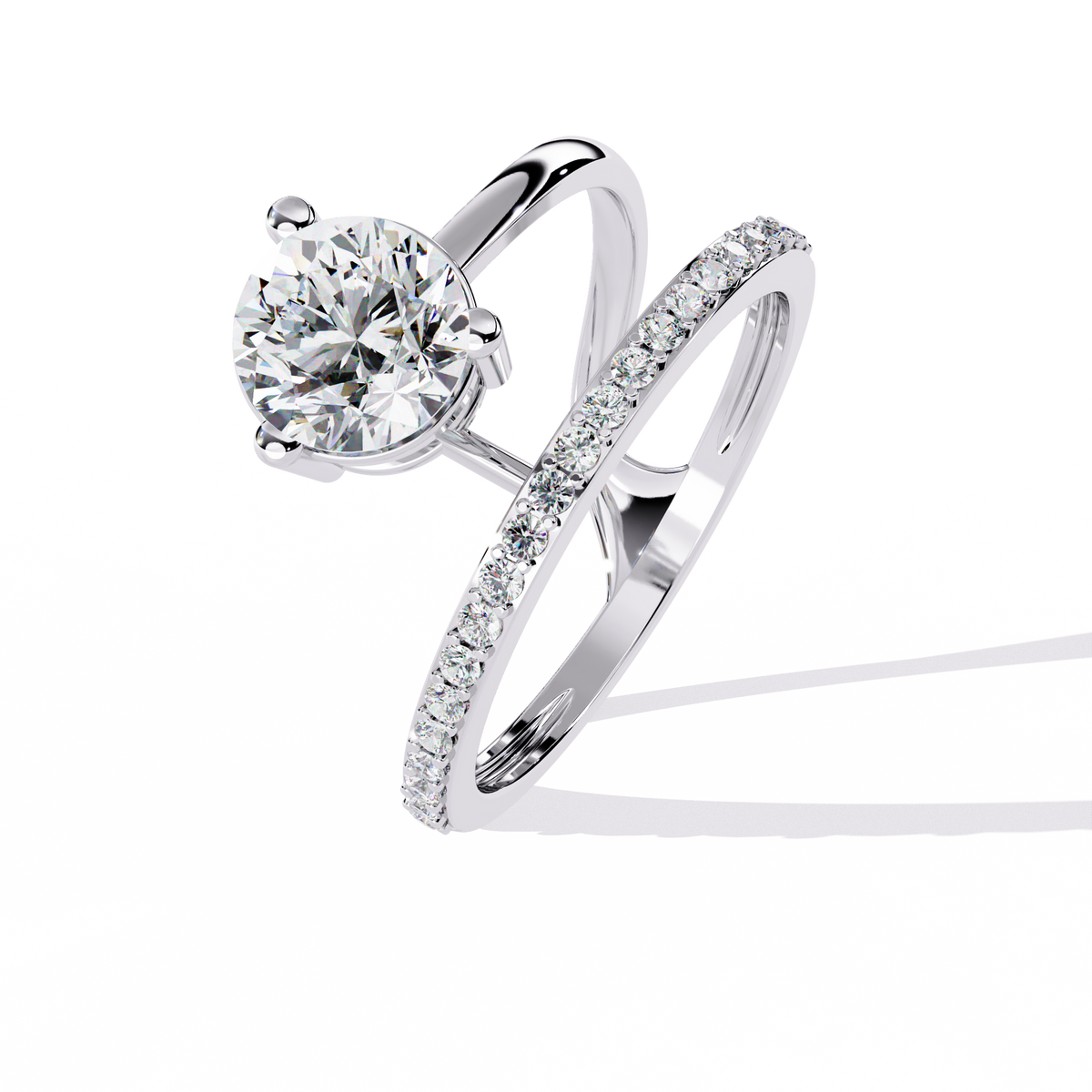 Gold Round Diamond Solitaire Ring with Open Crossover Split Band