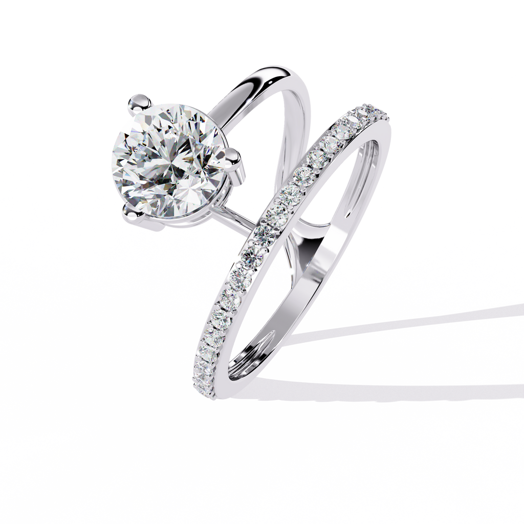 White Gold Round Solitaire Crossover Pavé Band Ring