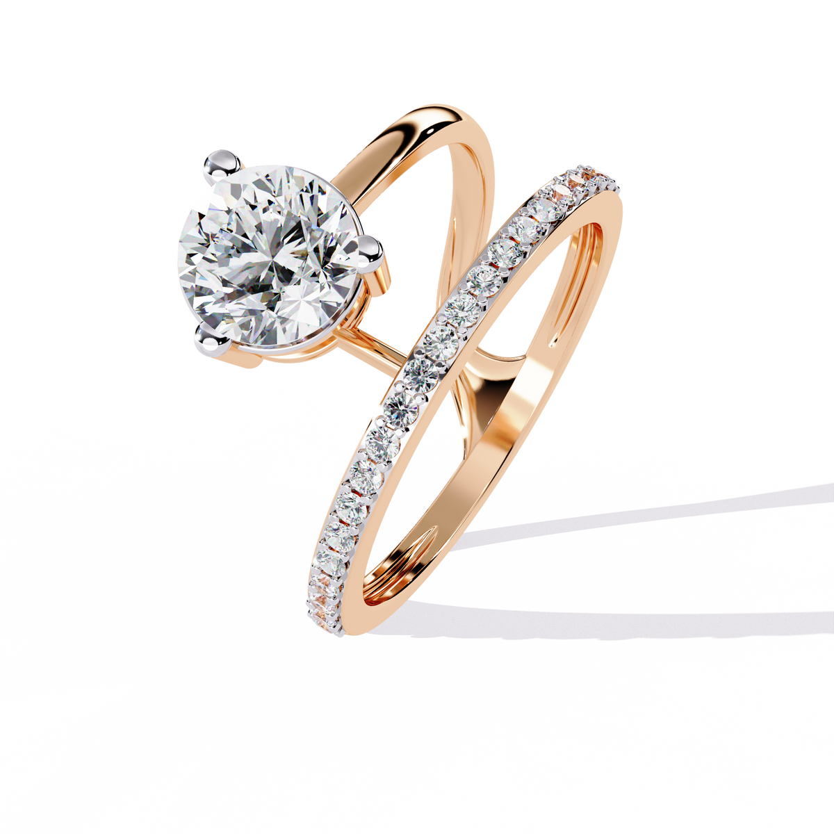 Gold Round Diamond Solitaire Ring with Open Crossover Split Band