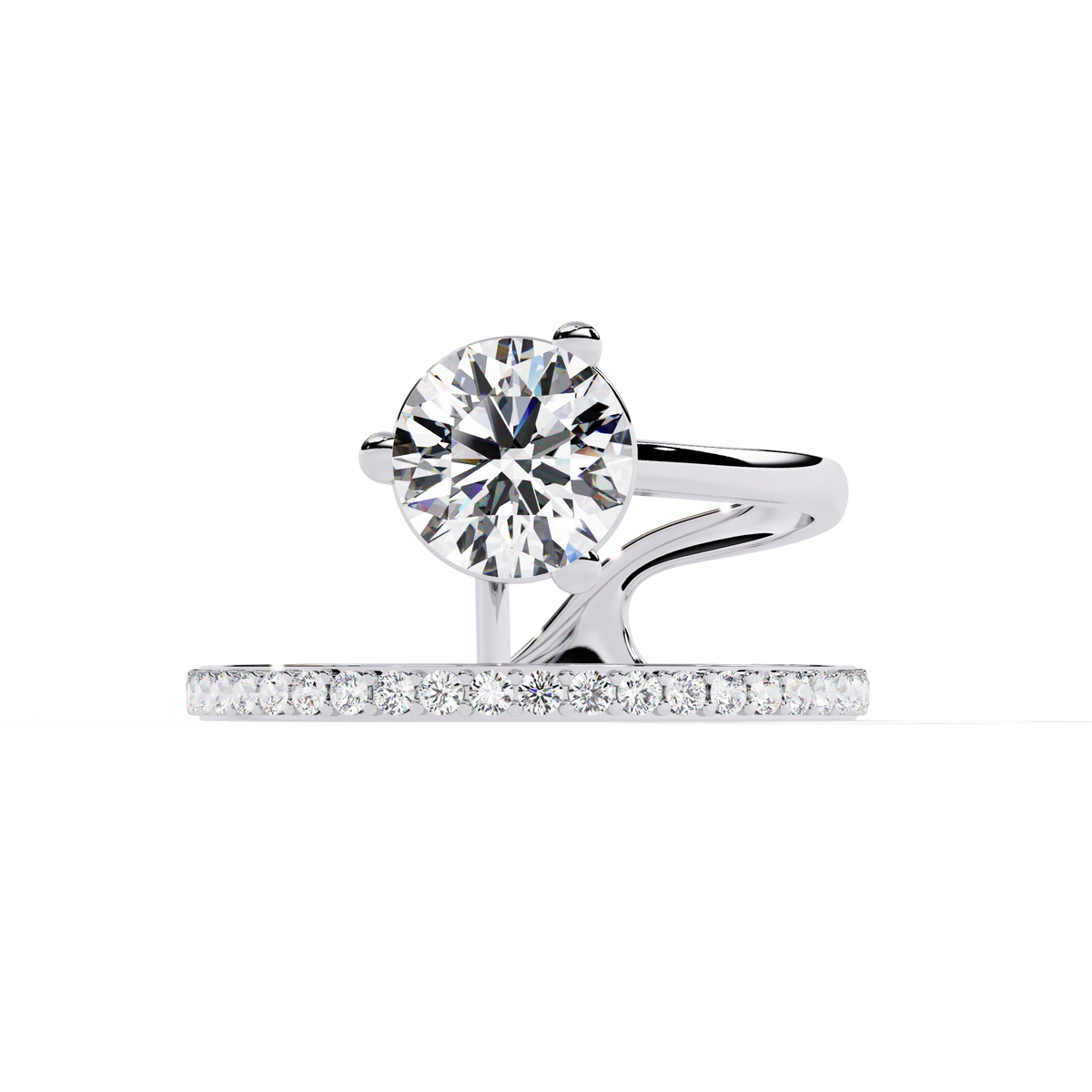 Gold Round Diamond Solitaire Ring with Open Crossover Split Band