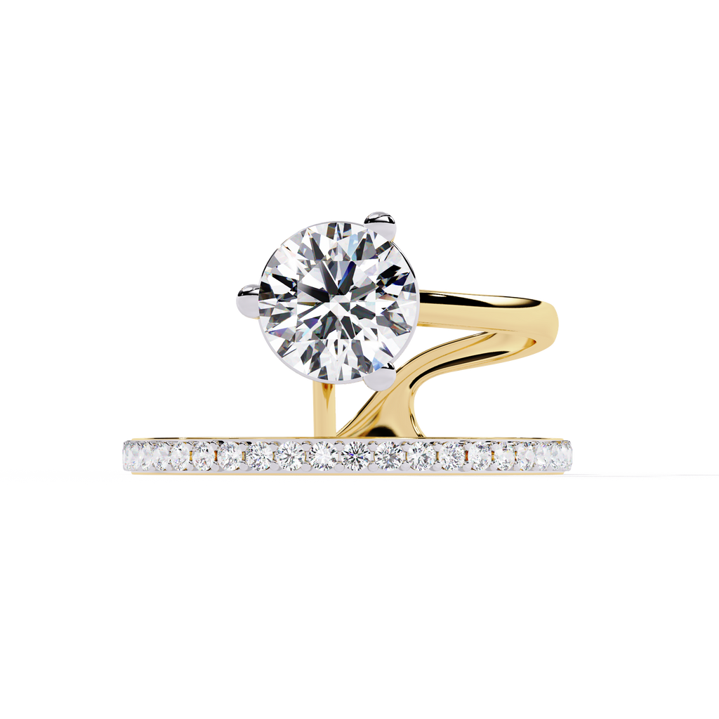 Gold Round Diamond Solitaire Ring with Open Crossover Split Band