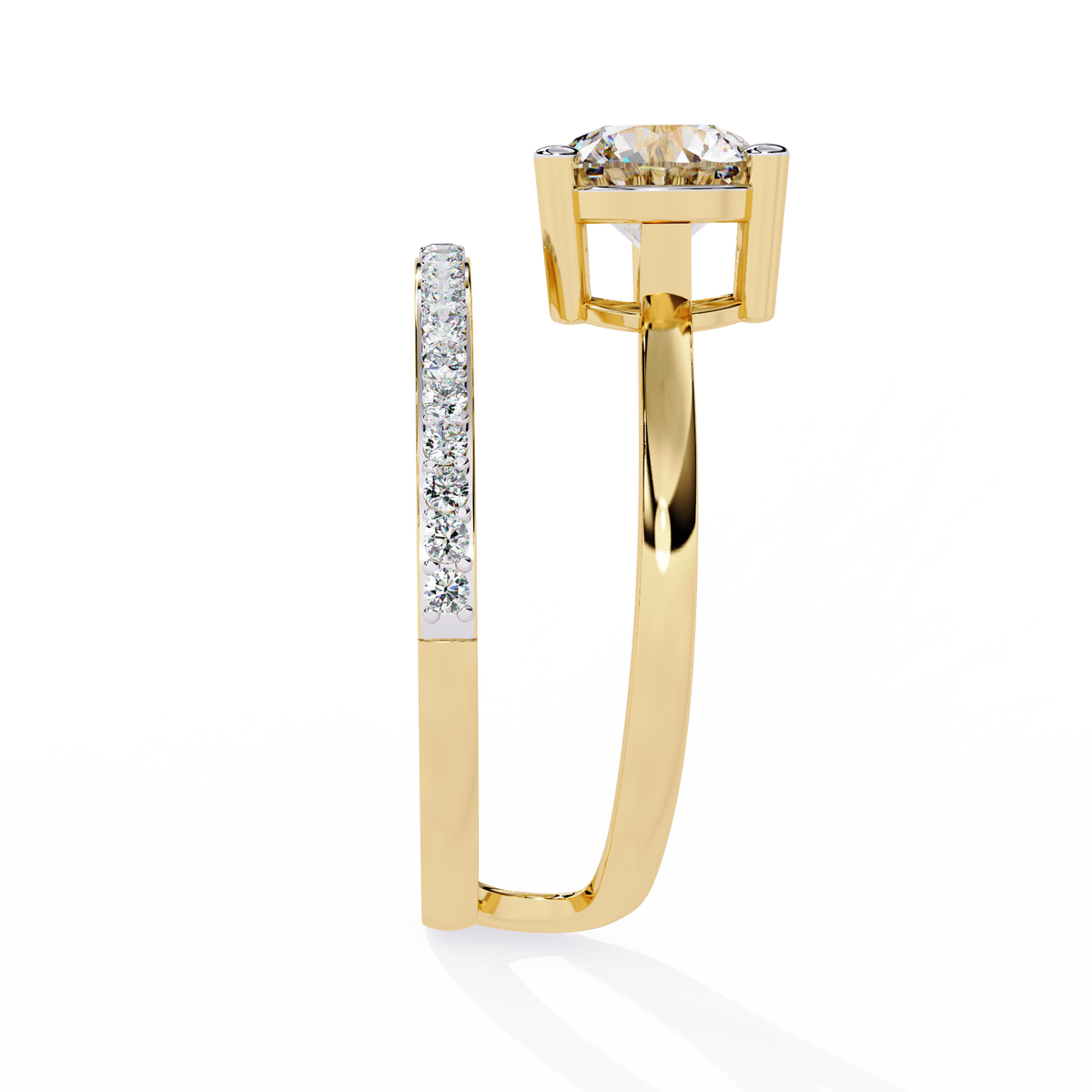 Gold Round Diamond Solitaire Ring with Open Crossover Split Band