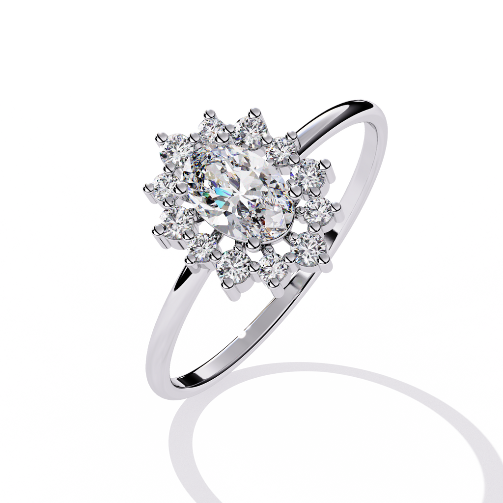 White Gold Oval Diamond Starburst Halo Ring