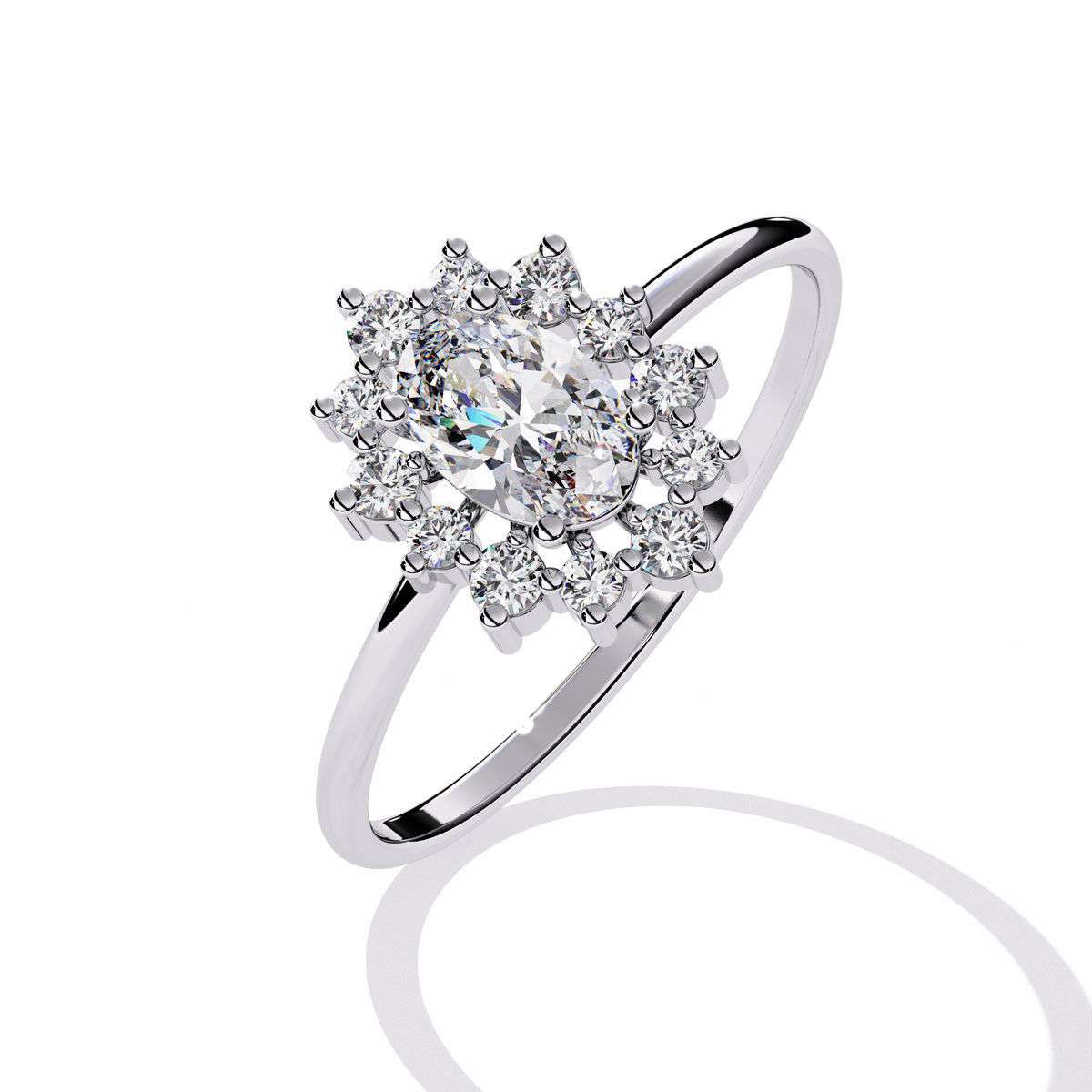 White Gold Oval Diamond Starburst Halo Ring