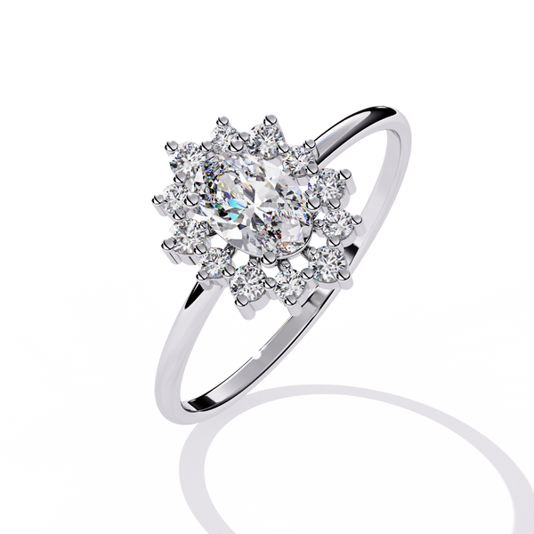 White Gold Oval Diamond Starburst Halo Ring
