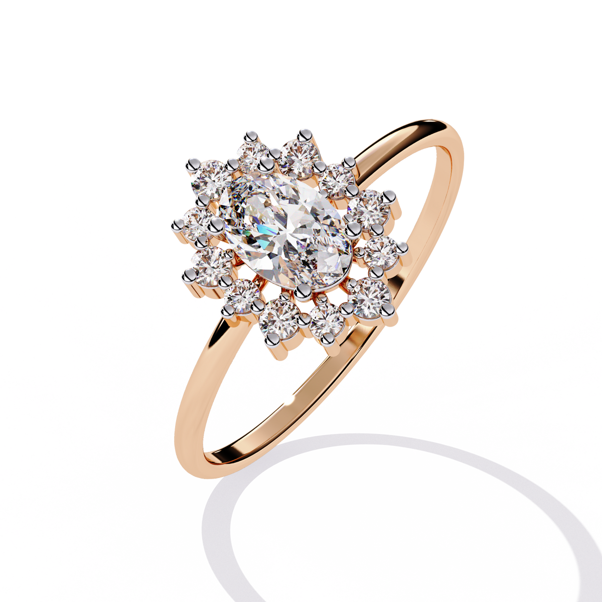 Gold Oval Diamond Starburst Halo Ring