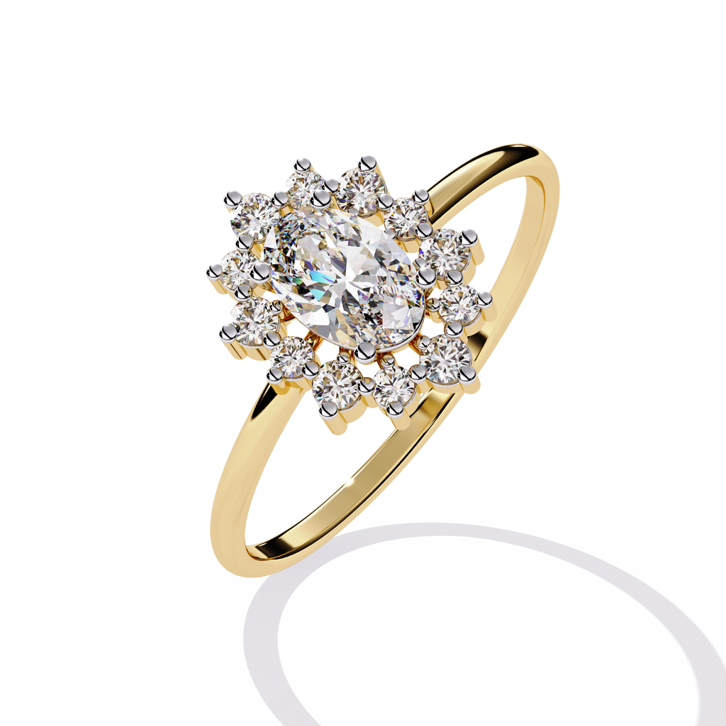 Gold Oval Diamond Starburst Halo Ring