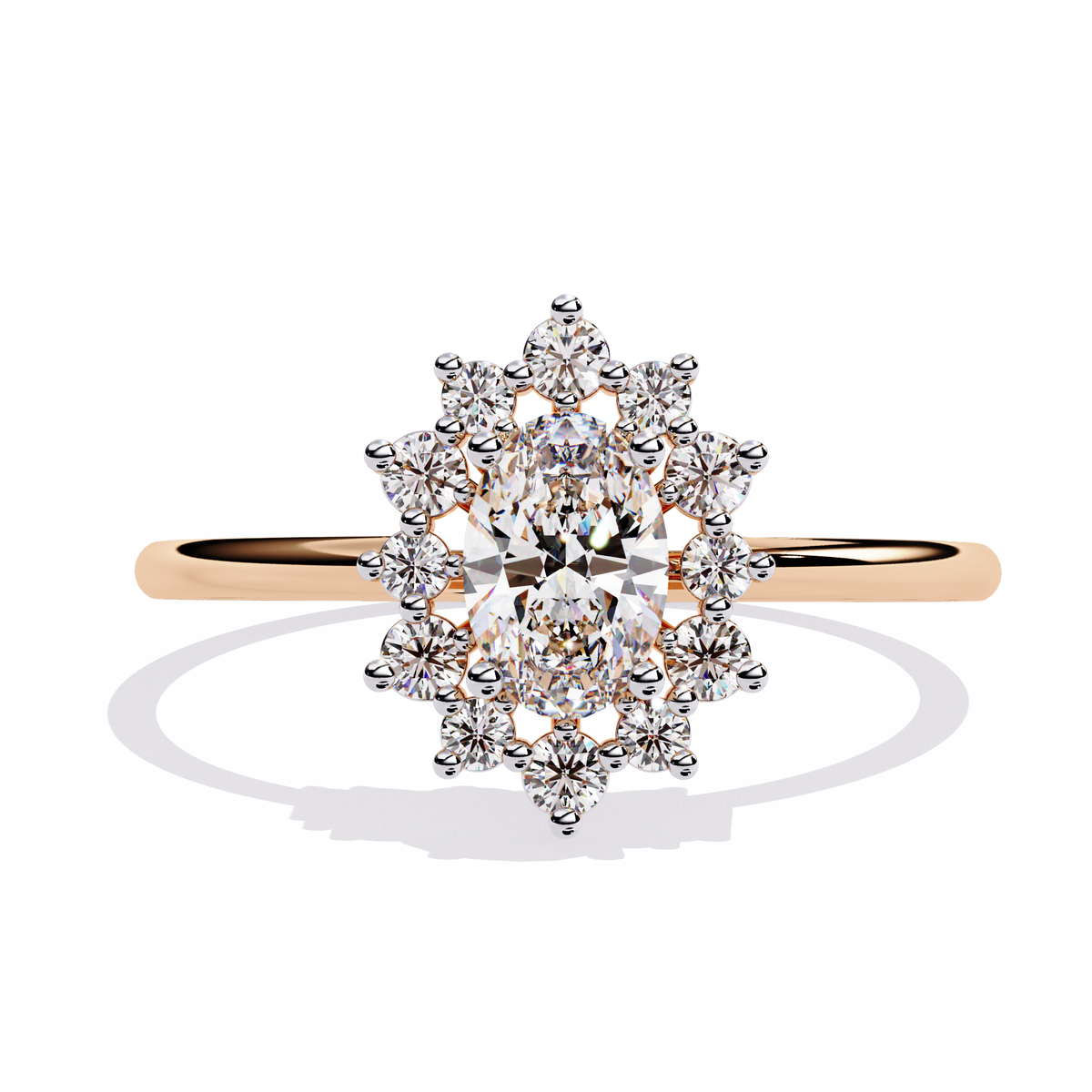 Gold Oval Diamond Starburst Halo Ring