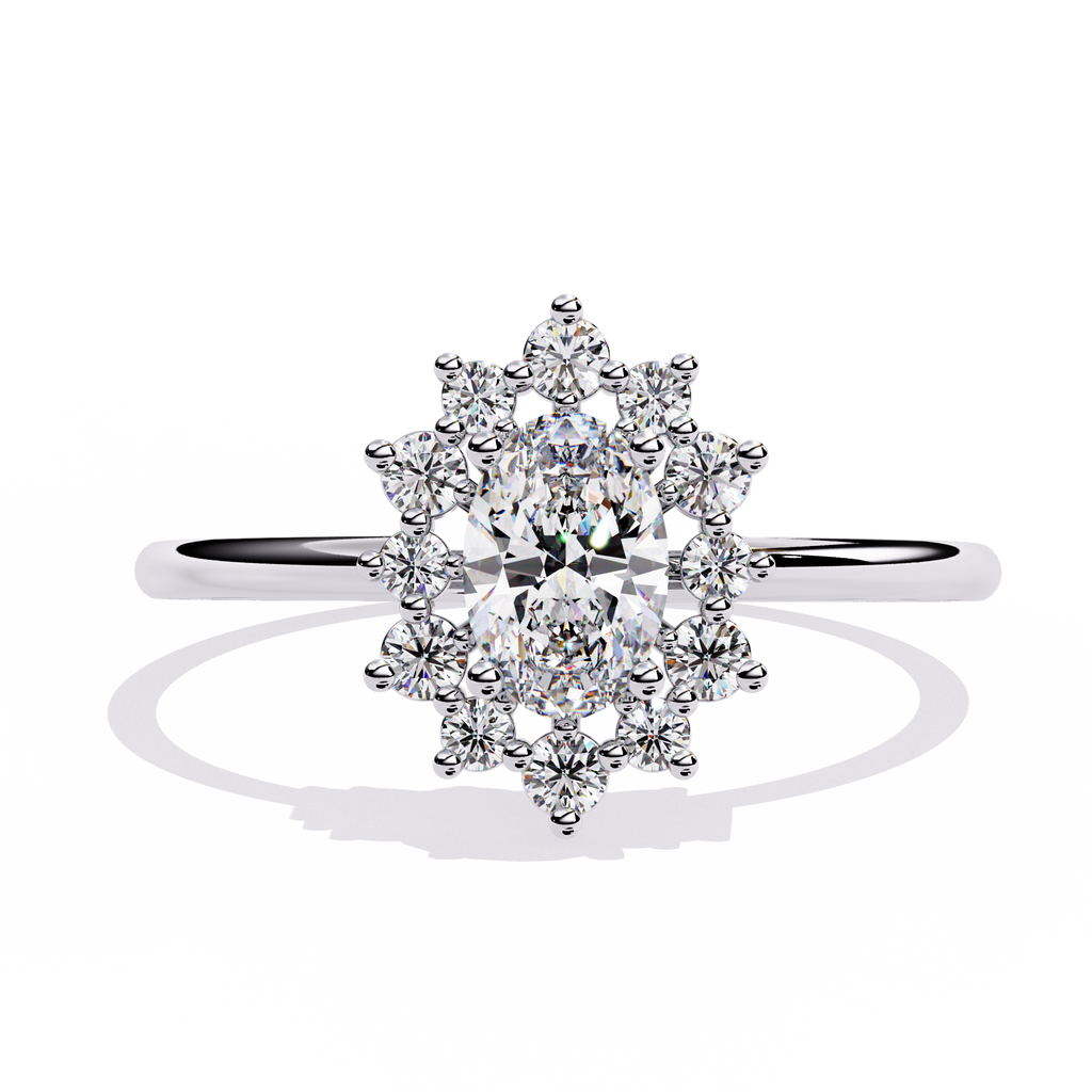 White Gold Oval Diamond Starburst Halo Ring