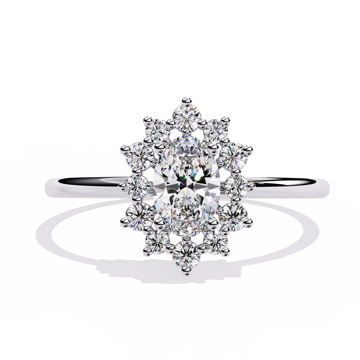 White Gold Oval Diamond Starburst Halo Ring