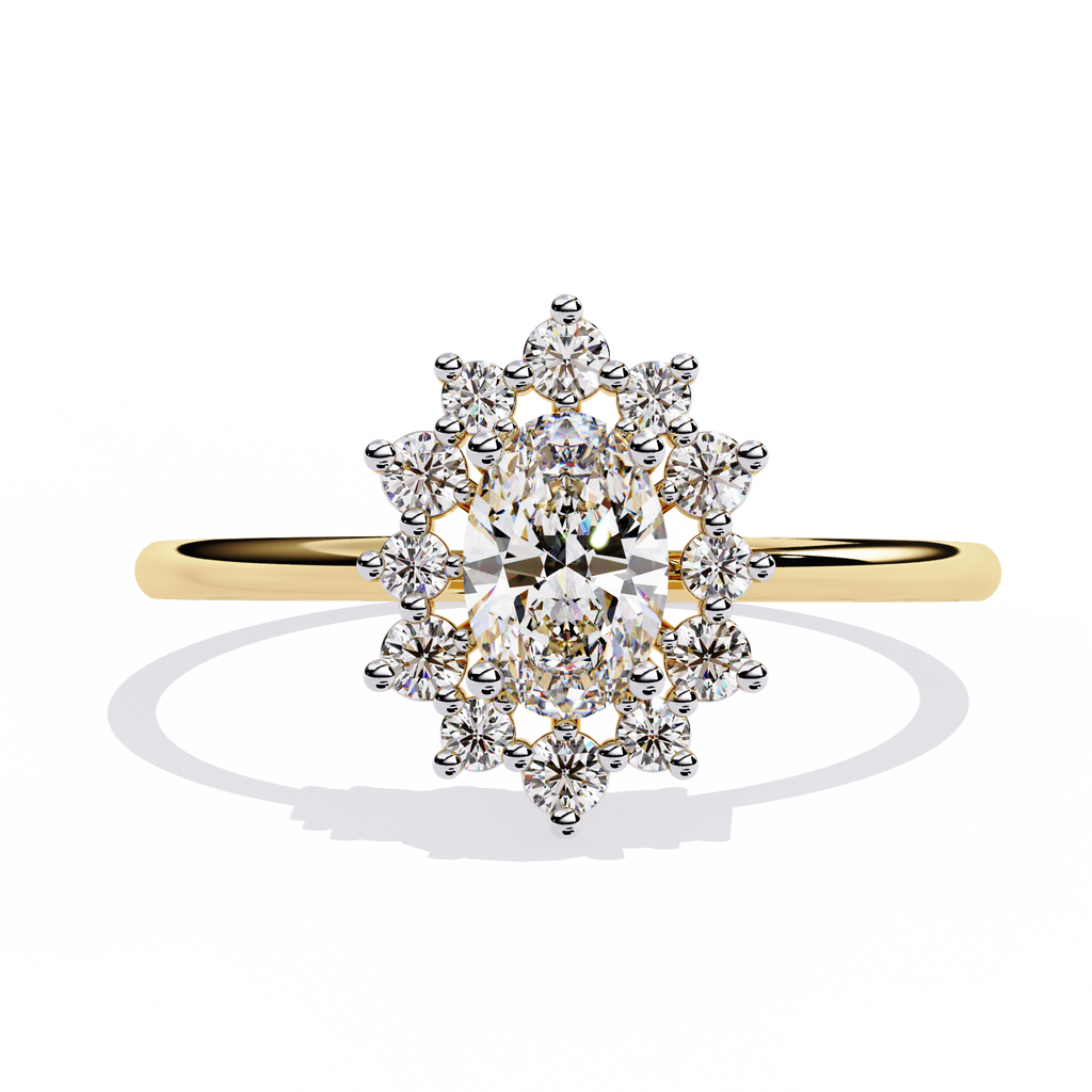 Gold Oval Diamond Starburst Halo Ring