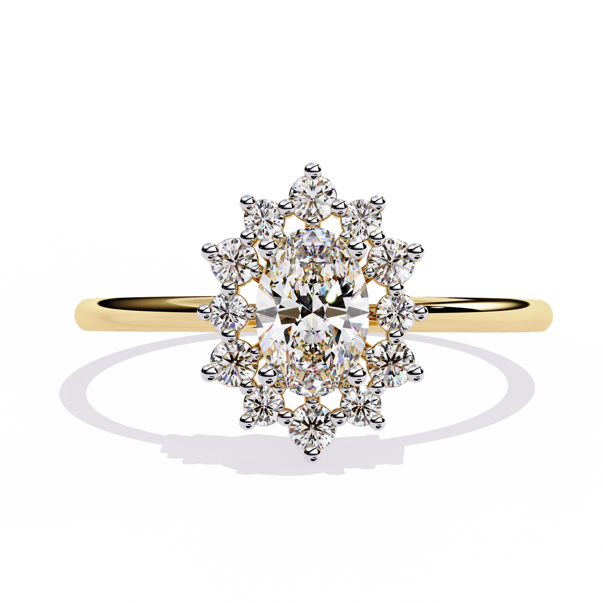 Gold Oval Diamond Starburst Halo Ring