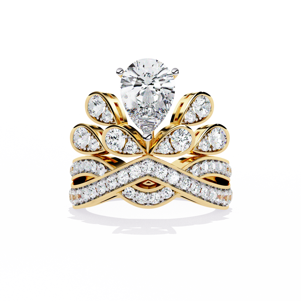 Gold Pear Diamond Crown Tiara Ring with Crossover Diamond Band