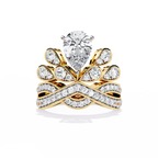 Gold Pear Diamond Crown Tiara Ring with Crossover Diamond Band