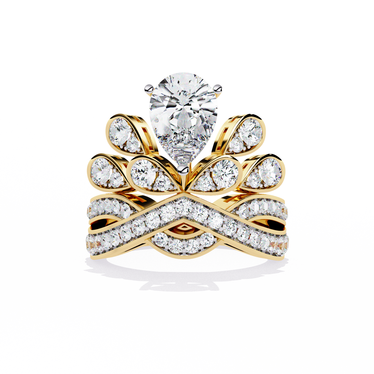 Gold Pear Diamond Crown Tiara Ring with Crossover Diamond Band