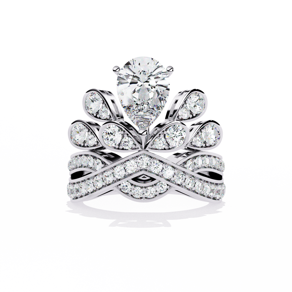 White Gold Pear Diamond Crown Tiara Ring