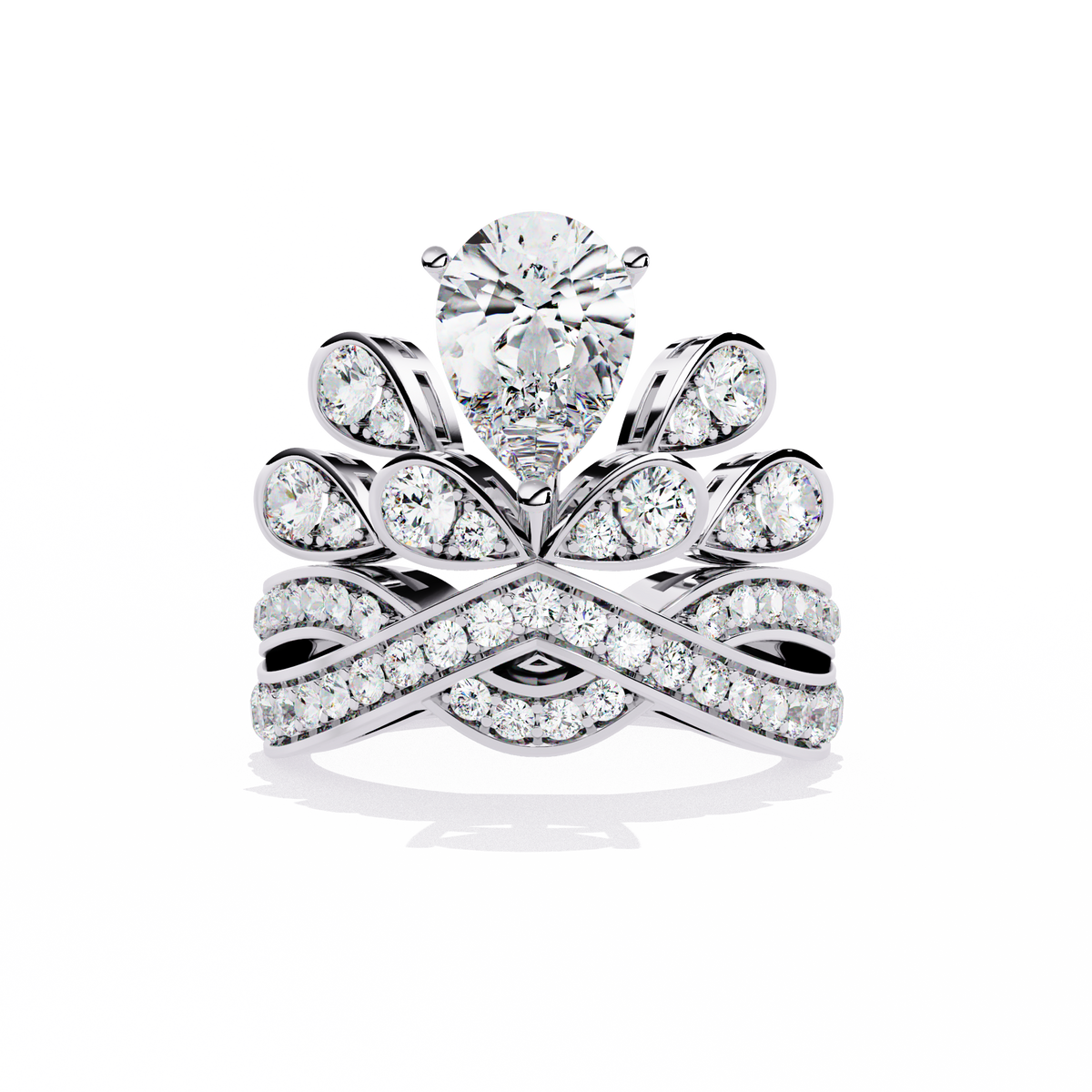 White Gold Pear Diamond Crown Tiara Ring