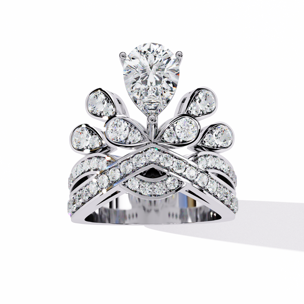 White Gold Pear Diamond Crown Tiara Ring