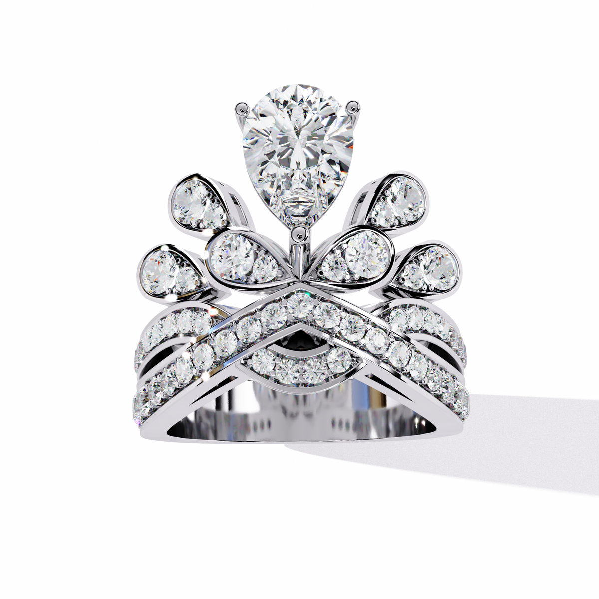 White Gold Pear Diamond Crown Tiara Ring