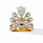 Gold Pear Diamond Crown Tiara Ring with Crossover Diamond Band