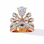 Gold Pear Diamond Crown Tiara Ring with Crossover Diamond Band