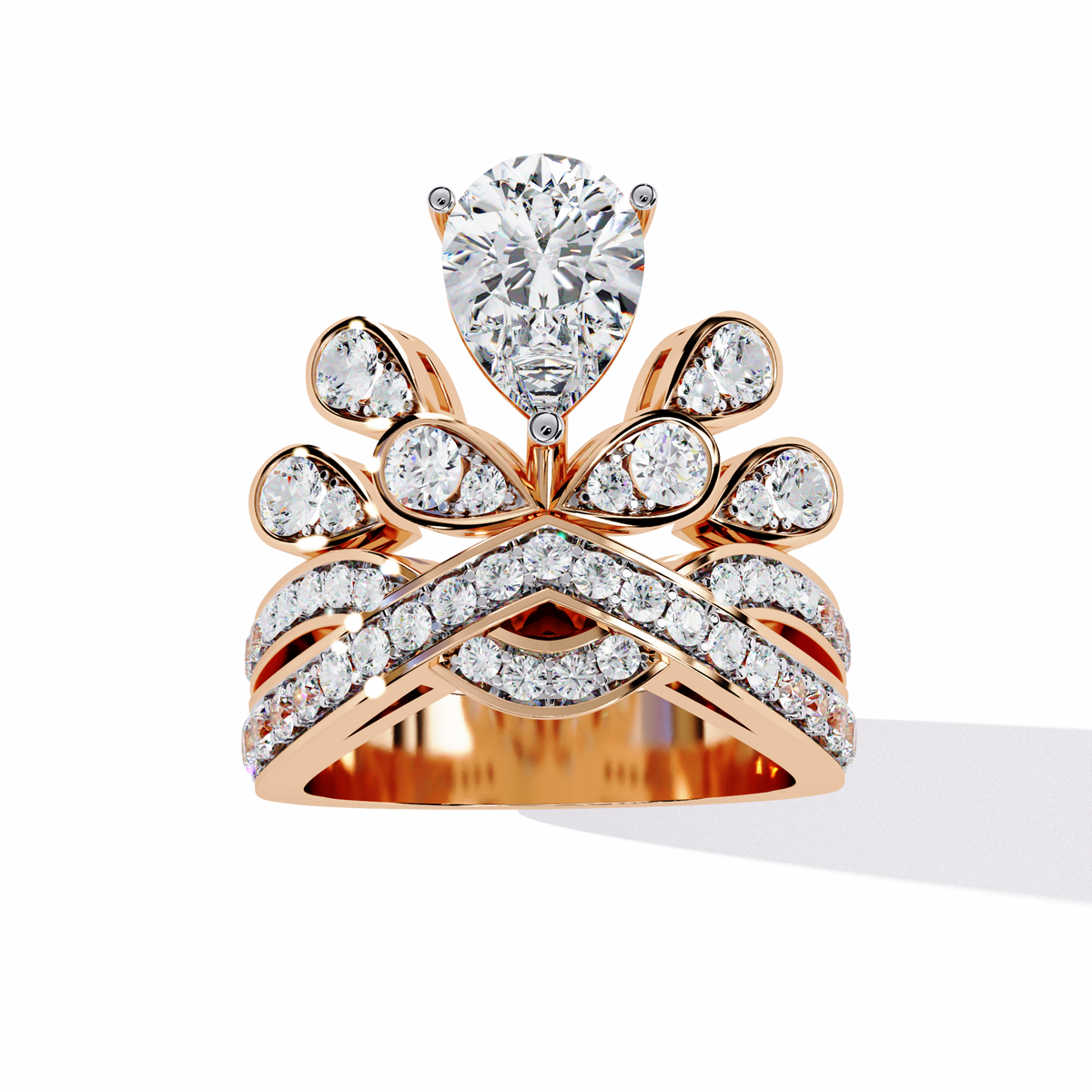 Gold Pear Diamond Crown Tiara Ring with Crossover Diamond Band