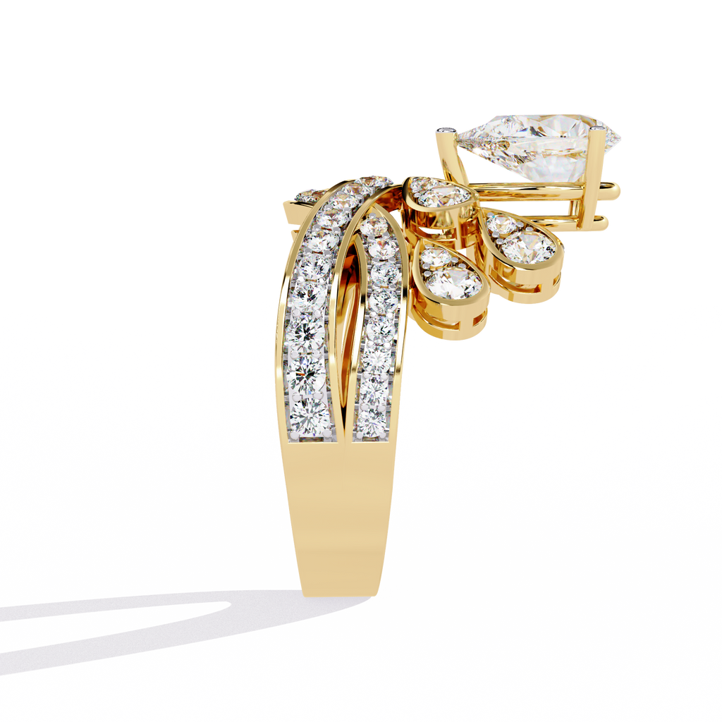 Gold Pear Diamond Crown Tiara Ring with Crossover Diamond Band