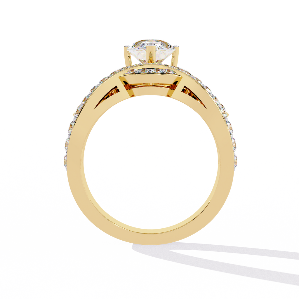 Gold Pear Diamond Crown Tiara Ring with Crossover Diamond Band