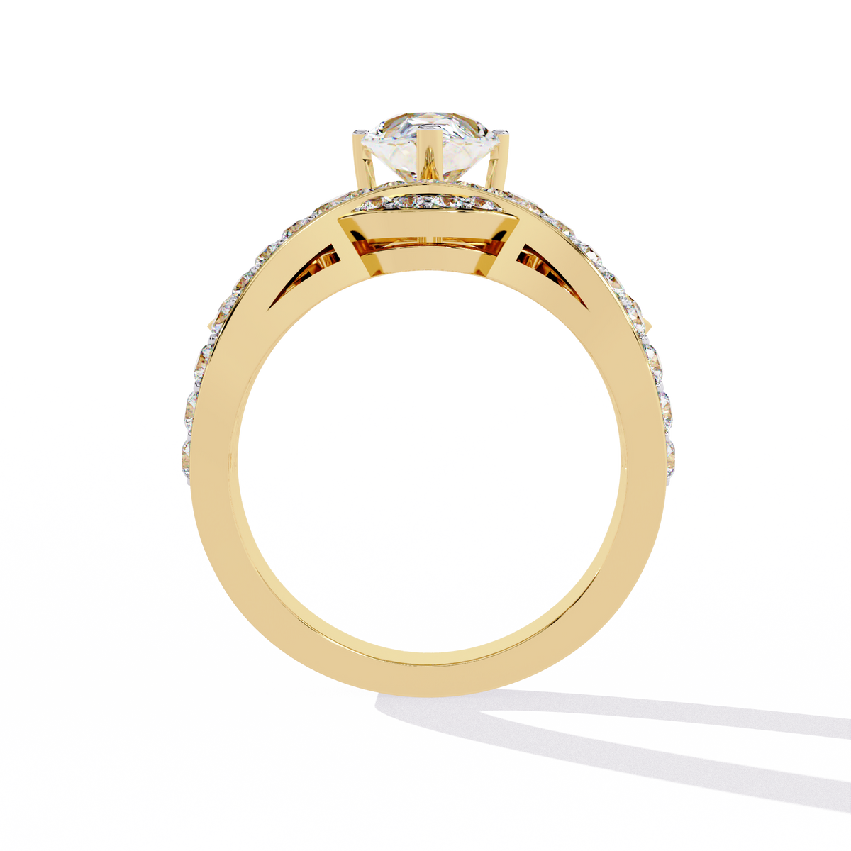 Gold Pear Diamond Crown Tiara Ring with Crossover Diamond Band