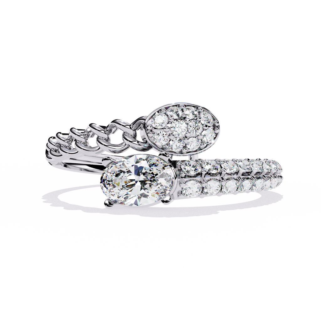 Gold Oval Diamond Toi et Moi Ring with Pavé Cluster and Curb Link