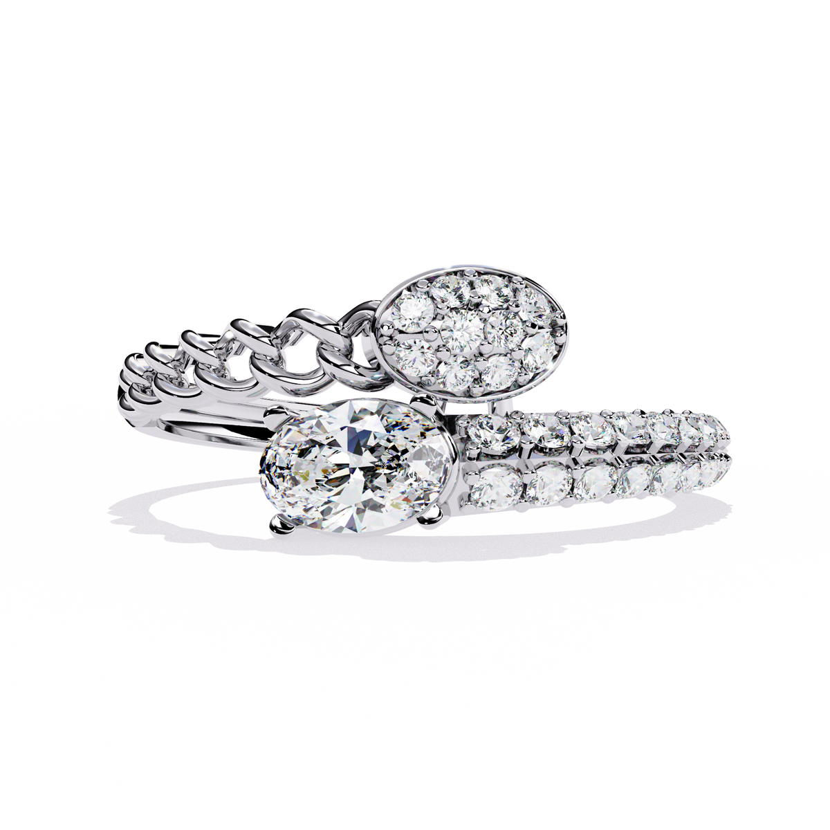 Gold Oval Diamond Toi et Moi Ring with Pavé Cluster and Curb Link