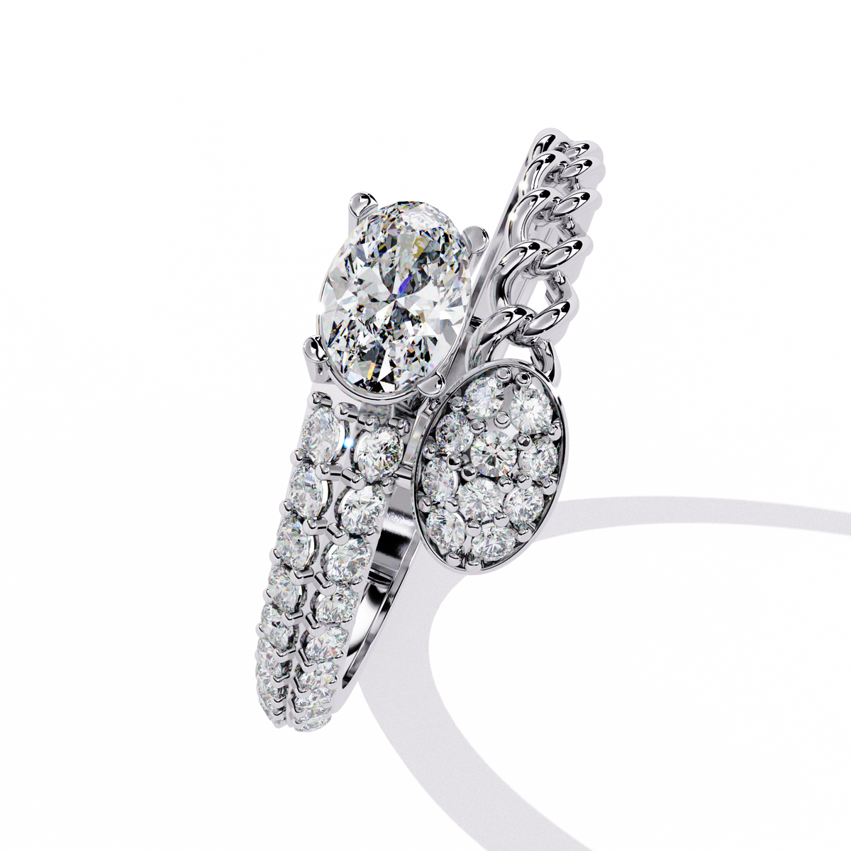 Gold Oval Diamond Toi et Moi Ring with Pavé Cluster and Curb Link